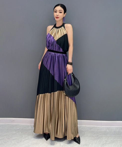 Tri-Color Pleated Halter Dress